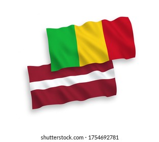National vector fabric wave flags of Latvia and Mali isolated on white background. 1 to 2 proportion.