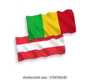 National vector fabric wave flags of Austria and Mali isolated on white background. 1 to 2 proportion.