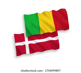 National vector fabric wave flags of Denmark and Mali isolated on white background. 1 to 2 proportion.