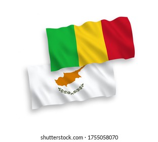 National vector fabric wave flags of Cyprus and Mali isolated on white background. 1 to 2 proportion.
