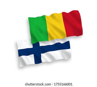 National vector fabric wave flags of Finland and Mali isolated on white background. 1 to 2 proportion.