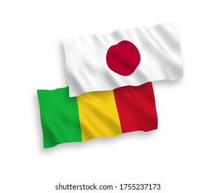 National vector fabric wave flags of Japan and Mali isolated on white background. 1 to 2 proportion.