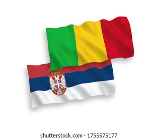 National vector fabric wave flags of Mali and Serbia isolated on white background. 1 to 2 proportion.