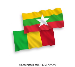 National vector fabric wave flags of Mali and Myanmar isolated on white background. 1 to 2 proportion.