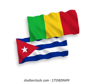 National vector fabric wave flags of Mali and Cuba isolated on white background. 1 to 2 proportion.