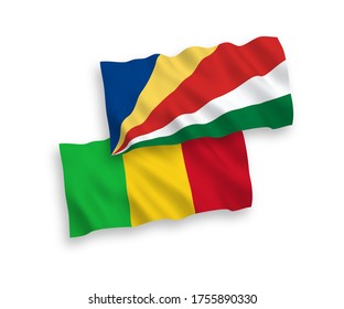 National vector fabric wave flags of Mali and Seychelles isolated on white background. 1 to 2 proportion.