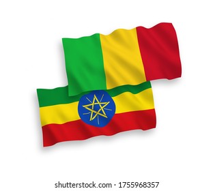 National vector fabric wave flags of Mali and Ethiopia isolated on white background. 1 to 2 proportion.