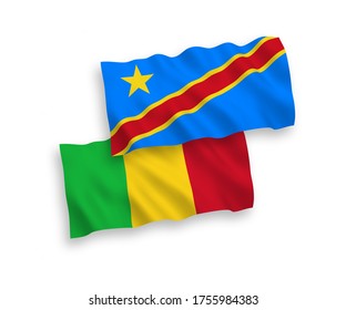National vector fabric wave flags of Mali and Democratic Republic of the Congo isolated on white background. 1 to 2 proportion.