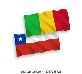 National vector fabric wave flags of Mali and Chile isolated on white background. 1 to 2 proportion.