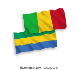 National vector fabric wave flags of Mali and Gabon isolated on white background. 1 to 2 proportion.