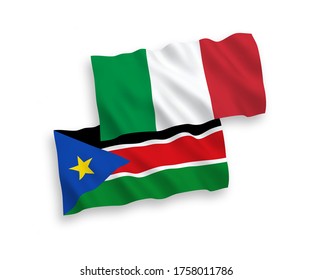 National vector fabric wave flags of Italy and Republic of South Sudan isolated on white background. 1 to 2 proportion.