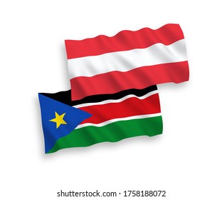 Banderas de olas de tela vectorial nacional de Austria y la República de Sudán del Sur aisladas en fondo blanco. de 1 a 2.
