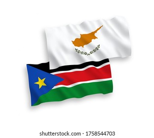 National vector fabric wave flags of Cyprus and Republic of South Sudan isolated on white background. 1 to 2 proportion.