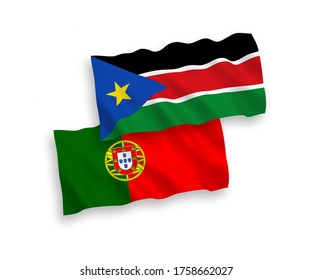 Nationale Vektor-Wellen-Flaggen von Portugal und der Republik Südsudan einzeln auf weißem Hintergrund. 1 bis 2 %.
