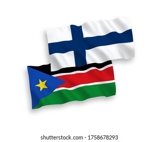 Nationale Vektor-Wellen-Flaggen von Finnland und der Republik Südsudan einzeln auf weißem Hintergrund. 1 bis 2 %.