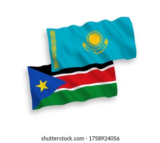 National vector fabric wave flags of Kazakhstan and Republic of South Sudan isolated on white background. 1 to 2 proportion.