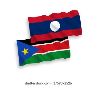 National vector fabric wave flags of Republic of South Sudan and Laos isolated on white background. 1 to 2 proportion.