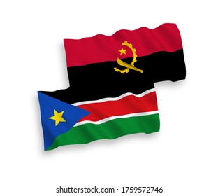 National vector fabric wave flags of Republic of South Sudan and Angola isolated on white background. 1 to 2 proportion.