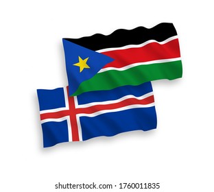 Banderas de olas de tela vectorial nacional de la República de Sudán del Sur e Islandia aisladas en fondo blanco. de 1 a 2.