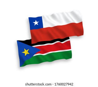 National vector fabric wave flags of Republic of South Sudan and Chile isolated on white background. 1 to 2 proportion.