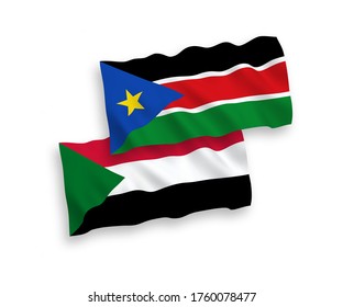Banderas de olas de tela vectorial nacional de la República de Sudán del Sur y Sudán aisladas en fondo blanco. de 1 a 2.