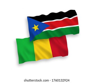 National vector fabric wave flags of Republic of South Sudan and Mali isolated on white background. 1 to 2 proportion.
