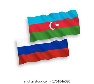 National vector fabric wave flags of Azerbaijan and Russia isolated on white background. 1 to 2 proportion.
