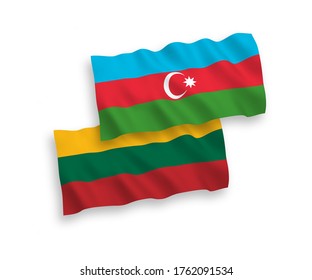 National vector fabric wave flags of Lithuania and Azerbaijan isolated on white background. 1 to 2 proportion.