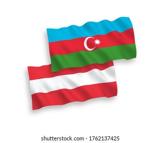 Banderas de ondulación de tela vectorial nacional de Austria y Azerbaiyán aisladas en fondo blanco. de 1 a 2.