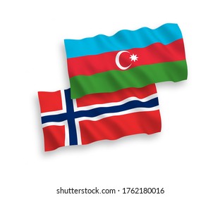 National vector fabric wave flags of Norway and Azerbaijan isolated on white background. 1 to 2 proportion.