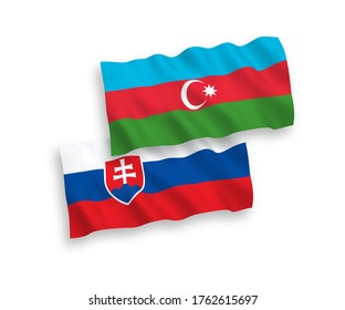 National vector fabric wave flags of Slovakia and Azerbaijan isolated on white background. 1 to 2 proportion.