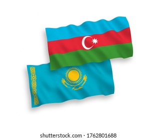 Banderas nacionales de tela vectorial ondeando banderas de Kazajistán y Azerbaiyán aisladas en fondo blanco. de 1 a 2.