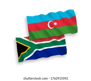 National vector fabric wave flags of Azerbaijan and Republic of South Africa isolated on white background. 1 to 2 proportion.