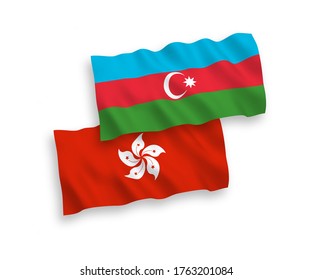 National vector fabric wave flags of Azerbaijan and Hong Kong isolated on white background. 1 to 2 proportion.