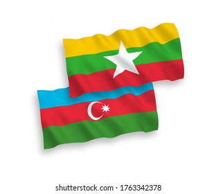 National vector fabric wave flags of Azerbaijan and Myanmar isolated on white background. 1 to 2 proportion.