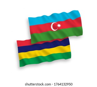 National vector fabric wave flags of Azerbaijan and Republic of Mauritius isolated on white background. 1 to 2 proportion.