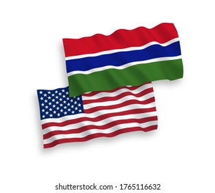 Banderas de olas de tela vectorial nacional de la República de Gambia y Estados Unidos aisladas en fondo blanco. de 1 a 2.
