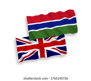 Banderas de olas de tela vectorial nacional de Gran Bretaña y la República de Gambia aisladas de fondo blanco. de 1 a 2.