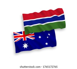 National vector fabric wave flags of Australia and Republic of Gambia isolated on white background. 1 to 2 proportion.