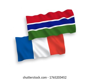 National vector fabric wave flags of France and Republic of Gambia isolated on white background. 1 to 2 proportion.