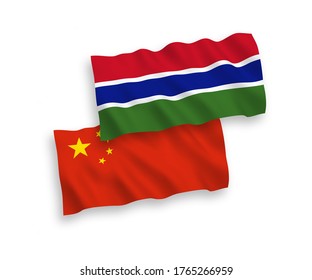 National vector fabric wave flags of Republic of Gambia and China isolated on white background 1 to 2 proportion.
