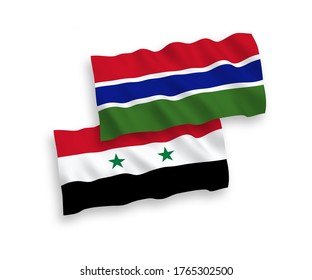 National vector fabric wave flags of Republic of Gambia and Syria isolated on white background. 1 to 2 proportion.
