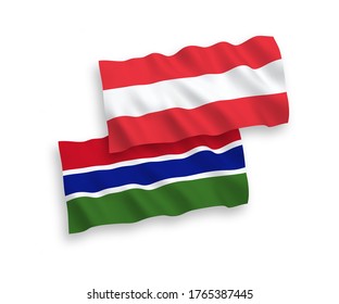National vector fabric wave flags of Austria and Republic of Gambia isolated on white background. 1 to 2 proportion.