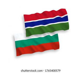 National vector fabric wave flags of Bulgaria and Republic of Gambia isolated on white background. 1 to 2 proportion.