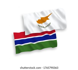 National vector fabric wave flags of Cyprus and Republic of Gambia isolated on white background. 1 to 2 proportion.