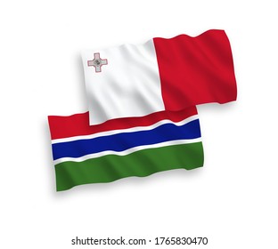 National vector fabric wave flags of Malta and Republic of Gambia isolated on white background. 1 to 2 proportion.