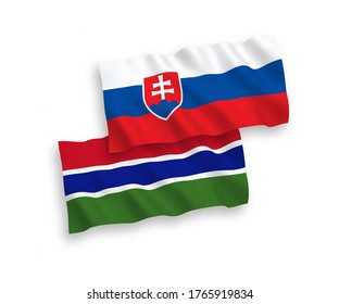 National vector fabric wave flags of Slovakia and Republic of Gambia isolated on white background. 1 to 2 proportion.
