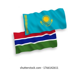 National vector fabric wave flags of Kazakhstan and Republic of Gambia isolated on white background. 1 to 2 proportion.