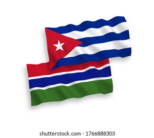 National vector fabric wave flags of Republic of Gambia and Cuba isolated on white background. 1 to 2 proportion.