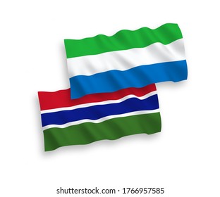 National vector fabric wave flags of Republic of Gambia and Sierra Leone isolated on white background. 1 to 2 proportion.